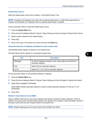 Page 249Default Setting (System Menu)
8-9
8
Default Paper Source
Select the default paper source from Cassette 1-4 and Multi Purpose Tray.
NOTE: [Cassette 3] is displayed when either of the optional paper feeder or 3,000 sheet paper feeder is 
installed, and [Cassette 4] is displayed when the optional paper feeder is installed.
Use the procedure below to select the default paper source.
1Press the System Menu key.
2Press [Common Settings], [Next] of Original / Paper Settings and then [Change] of Default Paper...