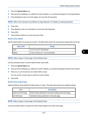 Page 261Default Setting (System Menu)
8-21
8
1Press the System Menu key.
2Press [Common Settings], [ ], [Next] of Function Defaults, [ ], and then [Change] of E-mail Subject/Body.
3Press [Subject] to enter an E-mail subject not more than 60 characters.
NOTE: Refer to the Character Entry Method on page Appendix-7 for details on entering characters.
4Press [OK].
5Press [Body] to enter an E-mail Body not more than 500 characters.
6Press [OK].
7Check that the entries are correct and press [OK].
Border Erase Default...