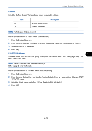 Page 263Default Setting (System Menu)
8-23
8
EcoPrint
Select the EcoPrint default. The table below shows the available settings.
NOTE: Refer to page 4-12 for EcoPrint.
Use the procedure below to set the default EcoPrint setting.
1Press the System Menu key.
2Press [Common Settings], [ ], [Next] of Function Defaults, [ ] twice, and then [Change] of EcoPrint.
3Select [Off] or [On] for the default.
4Press [OK].
PDF/TIFF/JPEG Image
Select the default PDF/TIFF/JPEG file quality. Five options are available from 1 Low...