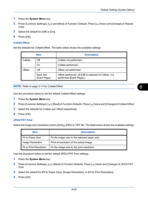 Page 265Default Setting (System Menu)
8-25
8
1Press the System Menu key.
2Press [Common Settings], [ ] and [Next] of Function Defaults. Press [ ] twice and [Change] of Repeat 
Copy.
3Select the default for [Off] or [On].
4Press [OK].
Collate/Offset
Set the defaults for Collate/Offset. The table below shows the available settings.
NOTE: Refer to page 3-14 for Collate/Offset.
Use the procedure below to set the default Collate/Offset settings.
1Press the System Menu key.
2Press [Common Settings], [ ], [Next] of...