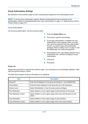 Page 376Management
11-10
Group Authorization Settings
Set restrictions of the machine usage by each individual group registered in the authentication server.
NOTE: To use the group authorization settings, [Network Authentication] must be selected for the 
authentication method in Enabling/Disabling User Login Administration on page 11-2. Select [On] for LDAP in 
Protocol Detail on page 8-75.
Group Authorization
Use the group authorization. Use the procedure below.
1Press the System Menu key. 
2Press [User...