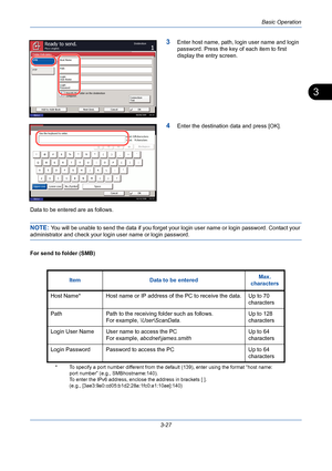 Page 99Basic Operation
3-27
3
3Enter host name, path, login user name and login 
password. Press the key of each item to first 
display the entry screen.
4Enter the destination data and press [OK].
Data to be entered are as follows.
NOTE: You will be unable to send the data if you forget your login user name or login password. Contact your 
administrator and check your login user name or login password.
For send to folder (SMB)
Status08/08/2009    10:10
Connection
Test Host Name
Path
Login
User Name
Login...