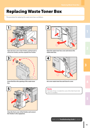 Page 473
2
1
4
5
Replacing Waste Toner Box
The procedure for replacing the waste toner box is as follows.
Replacing Waste Toner Box
5

3
2
1
Open the front cover of the Finisher, pull the knob to 
unlock the Finisher, and then separate the Finisher.
2

3
2
Open the waste toner box cover and remove the 
waste toner box.
2

3
Screw the lid on the opening of the waste toner 
box.
2

4
Set a new waste toner box and close its cover.
2
5
Close the front cover of the Finisher and connect...