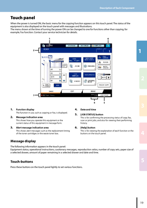 Page 2112
3
4
5
Description of Each Component
9
Touch panel
When the power is turned ON, the basic menu for the copying function appears on this touch panel. The status of the 
equipment is also displayed on the touch panel with messages and illustrations.
The menu shown at the time of turning the power ON can be changed to one for functions other than copying, for 
example, Fax function. Contact your service technician for details.
1.  Function display
The function in use, such as copying or Fax, is...