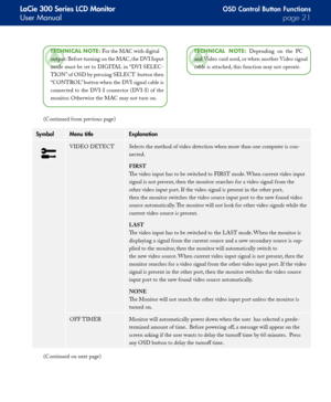 Page 21
LaCie 300 Series LCD Monitor
User Manualpage 
OSD Control Button Functions
SymbolMenu titleExplanation
VIDEO DETECTSelects the method of video detection when more than one computer is con-
nected.
FIRST
The video input has to be switched to FIRST mode. When current video input 
signal is not present, then the monitor searches for a video signal f rom the 
other video input port. If the video signal is present in the other port,
then the monitor switches the video source input port to the new...