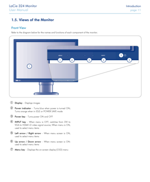 Page 11LaCie 324 Monitor Introduction
User Manual page 11
1.5. Views of the Monitor
 ➀Display – Displays images
 ➁Power indicator – Turns blue when power is turned ON; 
Turns orange when in IDLE or POWER SAVE mode
 ➂Power key – Turns power ON and OFF
 ➃INPUT key – When menu is OFF, switches from DVI to 
VGA to HDMI1/2 video signal source; When menu is ON, 
used to select menu items 
 ➄Left arrow / Right arrow – When menu screen is ON, 
used to select menu items 
 ➅Up arrow / Down arrow – When menu screen is ON:...