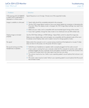 Page 30LaCie 324 LCD Monitor Troubleshooting
User Manual page 30
ProblemSolution
OSD warning OUT OF RANGE 
or INPUT NOT SUPPORTED is 
displayed on a blank screen
Signal frequency is out of range. Choose one of the supported modes.
Image is unstable or unfocused ✦Signal cable should be completely attached to the computer.
 ✦Use the OSD Image Adjust controls to focus and adjust display by increas\
ing or decreasing the 
Fine total. When the display mode is changed, the OSD Image Adjust setti\
ngs may need to be...