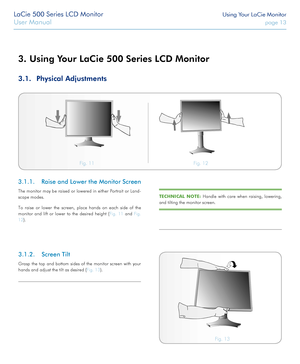 Page 13LaCie 500 Series LCD Monitor Using Your LaCie Monitor
User Manual page 13
3. Using Your LaCie 500 Series LCD Monitor
3.1. Physical Adjustments
3.1.1. Raise and Lower the Monitor Screen
The monitor may be raised or lowered in either Portrait or Land-
scape modes.
To raise or lower the screen, place hands on each side of the 
monitor and lift or lower to the desired height (Fig. 11 and Fig. 
12). 
Fig. 11 Fig. 12 
3.1.2. Screen Tilt
Grasp the top and bottom sides of the monitor screen with your 
hands and...