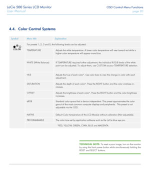 Page 20LaCie 500 Series LCD Monitor OSD Control Menu Functions
User Manual page 20
SymbolMenu titleExplanation
For presets 1, 2, 3 and 5, the following levels can be adjusted:
TEMPERATUREAdjusts the white temperature. A lower color temperature will veer toward red while a 
higher color temperature will appear more blue.
WHITE (White Balance):If TEMPERATURE requires further adjustment, the individual R/G/B levels of the white 
point can be adjusted. To adjust them, use CUSTOM as your TEMPERATURE selection....