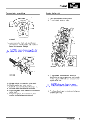 Page 32ENGINE
OVERHAUL3
Rocker shafts - assembling
1.Assemble rocker shafts with identification
groove at one o’clock position with push rod
end of rocker arm to the right.
CAUTION: Incorrect assembly of rocker
shafts will lead to an oil feed restriction.
2.Fit new split pin to one end of rocker shaft.
3.Fit plain washer and wave washer.
4.Lubricate rocker arm bushes with engine oil.
5.Fit rocker arms with offsets as illustrated.
6.Assemble rocker arms, brackets and springs to
rocker shaft.
7.Compress springs,...