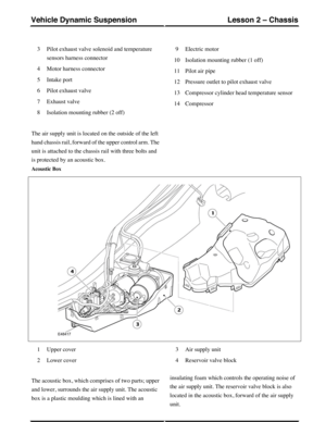 Page 128Pilot exhaust valve solenoid and temperature
sensors harness connector
3
Motor harness connector4
Intake port5
Pilot exhaust valve6
Exhaust valve7
Isolation mounting rubber (2 off)8
Electric motor9
Isolation mounting rubber (1 off)10
Pilot air pipe11
Pressure outlet to pilot exhaust valve12
Compressor cylinder head temperature sensor13
Compressor14
The air supply unit is located on the outside of the left
hand chassis rail, forward of the upper control arm. The
unit is attached to the chassis rail with...