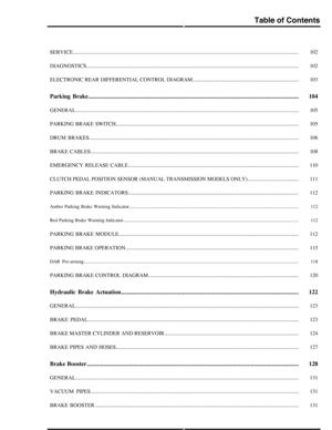 Page 32102SERVICE........................................................................................................................................................................
102DIAGNOSTICS..............................................................................................................................................................
103ELECTRONIC REAR DIFFERENTIAL CONTROL DIAGRAM...............................................................................
104Parking...