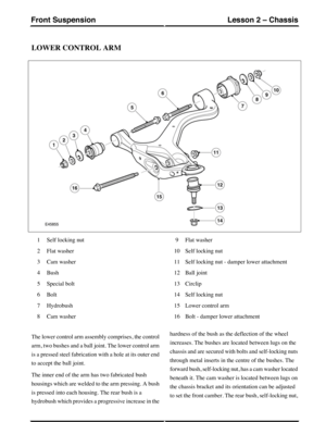 Page 43LOWER CONTROL ARM
Self locking nut1
Flat washer2
Cam washer3
Bush4
Special bolt5
Bolt6
Hydrobush7
Cam washer8
Flat washer9
Self locking nut10
Self locking nut - damper lower attachment11
Ball joint12
Circlip13
Self locking nut14
Lower control arm15
Bolt - damper lower attachment16
The lower control arm assembly comprises, the control
arm, two bushes and a ball joint. The lower control arm
is a pressed steel fabrication with a hole at its outer end
to accept the ball joint.
The inner end of the arm has...