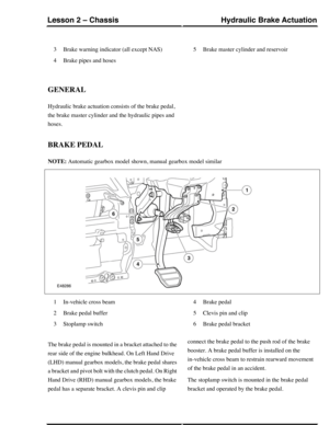 Page 47Brake warning indicator (all except NAS)3
Brake pipes and hoses4
Brake master cylinder and reservoir5
GENERAL
Hydraulic brake actuation consists of the brake pedal,
the brake master cylinder and the hydraulic pipes and
hoses.
BRAKE PEDAL
NOTE: Automatic gearbox model shown, manual gearbox model similar
In-vehicle cross beam1
Brake pedal buffer2
Stoplamp switch3
Brake pedal4
Clevis pin and clip5
Brake pedal bracket6
The brake pedal is mounted in a bracket attached to the
rear side of the engine bulkhead....