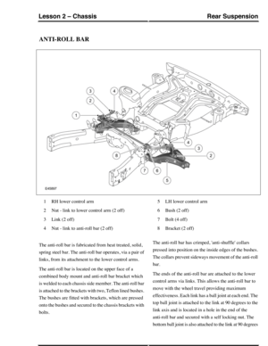 Page 94ANTI-ROLL BAR
RH lower control arm1
Nut - link to lower control arm (2 off)2
Link (2 off)3
Nut - link to anti-roll bar (2 off)4
LH lower control arm5
Bush (2 off)6
Bolt (4 off)7
Bracket (2 off)8
The anti-roll bar is fabricated from heat treated, solid,
spring steel bar. The anti-roll bar operates, via a pair of
links, from its attachment to the lower control arms.
The anti-roll bar is located on the upper face of a
combined body mount and anti-roll bar bracket which
is welded to each chassis side member....