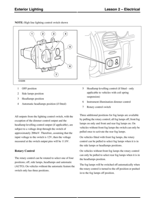 Page 105NOTE: High line lighting control switch shown
OFF position1
Side lamps position2
Headlamps position3
Automatic headlamps position (if fitted)4
Headlamp levelling control (if fitted - only
applicable to vehicles with coil spring
suspension)
5
Instrument illumination dimmer control6
Rotary control switch7
All outputs from the lighting control switch, with the
exception of the dimmer control output and the
headlamp levelling control output (if applicable), are
subject to a voltage drop through the switch...
