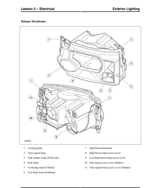 Page 108Halogen Headlamps
Locking plate1
Turn signal lamp2
Side marker lamp (NAS only)3
Side lamp4
Cornering lamp (if fitted)5
Low/high beam headlamp6
High beam headlamp7
High beam lamp access cover8
Low/high beam lamp access cover9
Side lamp access cover (hidden)10
Turn signal lamp access cover (hidden)11
Exterior LightingLesson 2 – Electrical
169Technical Training (G421288) 