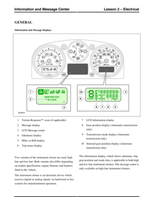 Page 134GENERAL
Information and Message Displays
Terrain Response™ icons (if applicable)1
Message display2
LCD Message center3
Odometer display4
Miles or KM display5
Trip meter display6
LCD Information display7
Gear position display (Automatic transmission
only)
8
Transmission mode display (Automatic
transmission only)
9
Selected gear position display (Automatic
transmission only)
10
Two variants of the instrument cluster are used; high
line and low line. Both variants also differ depending
on market...