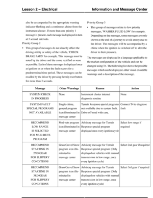 Page 137also be accompanied by the appropriate warning
indicator flashing and a continuous chime from the
instrument cluster. If more than one priority 1
message is present, each message is displayed in turn
at 3 second intervals.
Priority Group 2
•This group of messages do not directly affect the
driving ability or safety of the vehicle, CHECK
BRAKE PADS for example. This message must be
noted by the driver and the cause rectified as soon
as possible. Each of these messages is displayed once
at ignition on or...