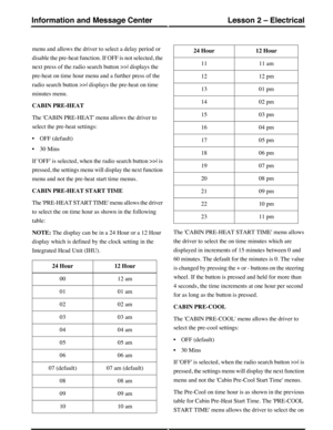 Page 156menu and allows the driver to select a delay period or
disable the pre-heat function. If OFF is not selected, the
next press of the radio search button >>| displays the
pre-heat on time hour menu and a further press of the
radio search button >>| displays the pre-heat on time
minutes menu.
CABIN PRE-HEAT
The CABIN PRE-HEAT menu allows the driver to
select the pre-heat settings:
•OFF (default)
•30 Mins
If OFF is selected, when the radio search button >>| is
pressed, the settings menu will display the next...