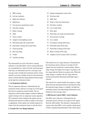 Page 169SRS warning9
Left turn indicator10
Right turn indicator11
High beam12
Tyre pressure monitoring system13
Seat belt warning14
Brake warning15
ABS16
Cruise control17
Adaptive front lighting system18
Park brake fault (all except NAS)19
Park brake warning (all except NAS)20
Front fog lamps21
Rear fog lamps22
Trailer23
Auxiliary heating24
Engine management system fault25
Driveline fault26
HDC fault27
Water in fuel (non-functional)28
Driveline overheat29
Low washer fluid30
Door open31
Park brake city mode...