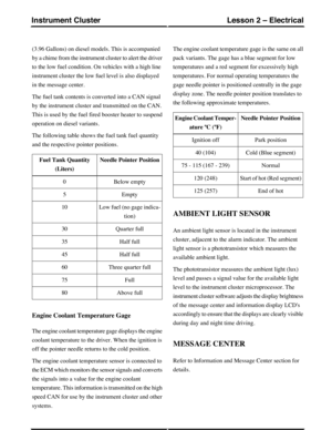 Page 177(3.96 Gallons) on diesel models. This is accompanied
by a chime from the instrument cluster to alert the driver
to the low fuel condition. On vehicles with a high line
instrument cluster the low fuel level is also displayed
in the message center.
The fuel tank contents is converted into a CAN signal
by the instrument cluster and transmitted on the CAN.
This is used by the fuel fired booster heater to suspend
operation on diesel variants.
The following table shows the fuel tank fuel quantity
and the...