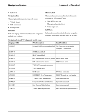 Page 199•Self check
Navigation Info
The navigation info menu has three sub menus:
•Vehicle signals
•GPS information
•Reset position
Parts Info
Parts info displays information on the system component
and software versions.
Manual Check
The manual check menu enables the technician to
complete the following self tests:
•Navi RGB screen test.
•Microphone input level test.
•Voice output test.
Self Check
Self check runs an internal check on the navigation
computer and displays any fault codes on the TSD.
Navigation...