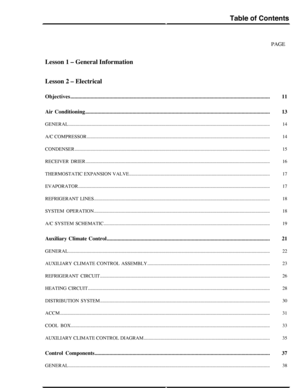 Page 202PAGE
Lesson 1 – General Information
Lesson 2 – Electrical
11Objectives....................................................................................................................................................
13Air  Conditioning............................................................................................................................................