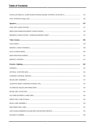 Page 205145SATELLITE DIGITAL AUDIO RADIO SYSTEM (SDARS) ANTENNA (NAS ONLY).........................................
146VICS ANTENNAS (Japan only)....................................................................................................................................
147Speakers.......................................................................................................................................................
147LOW LINE AUDIO...