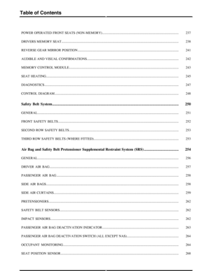 Page 207237POWER OPERATED FRONT SEATS (NON-MEMORY)..........................................................................................
238DRIVERS MEMORY SEAT..........................................................................................................................................
241REVERSE GEAR MIRROR POSITION.......................................................................................................................
242AUDIBLE AND VISUAL...