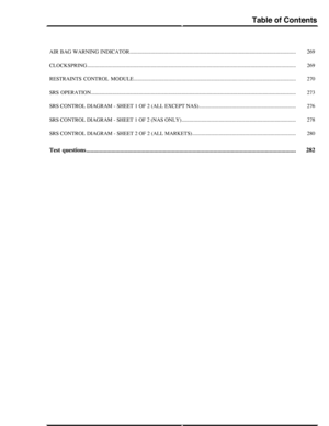 Page 208269AIR BAG WARNING INDICATOR.............................................................................................................................
269CLOCKSPRING.............................................................................................................................................................
270RESTRAINTS  CONTROL  MODULE..........................................................................................................................
273SRS...