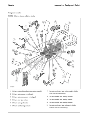 Page 227Component Location
NOTE: RH drive shown, LH drive similar
Drivers seat cushion adjustment motor assembly1
Drivers seat memory switch pack2
Drivers seat non-memory switch pack3
Drivers door ajar switch4
Drivers seat squab motor5
Drivers seat heating element6
Second row heated seat switch pack (vehicles
with rear air conditioning)
7
Second row RH seat heating element8
Second row RH seat heating module9
Second row LH seat heating element10
Second row heated seat switches (vehicles
without rear air...