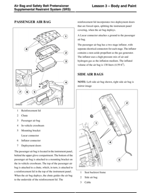 Page 5PASSENGER AIR BAG
Reinforcement lid1
Chute2
Passenger air bag3
In-vehicle crossbeam4
Mounting bracket5
Lucar connector
Inflator connector6
Deployment doors7
The passenger air bag is located in the instrument panel,
behind the upper glove compartment. The bottom of the
passenger air bag is attached to a mounting bracket on
the in-vehicle crossbeam. The top of the passenger air
bag is attached to a chute, which, in turn, is attached to
a reinforcement lid in the top of the instrument panel.
When the air...