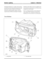 Page 109The halogen headlamps use a complex surface reflector
for both the low beam lamp and the halogen fill in high
beam lamp. This type of reflector has the reflector
divided into separate parabolic segments, with each
segment having a different focal length. The halogen
headlamps require adhesive decals to be applied to the
clear outer lens to mask the beam cut-off when driving
in opposite drive hand markets.
The low and high beam bulbs are quartz halogen H7,
with a rating of 55W. The bulbs are retained in...