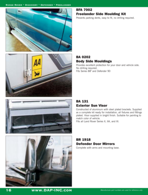 Page 18BFA 7002 
Freelander Side Moulding Kit
Prevents parking dents, easy to fit, no drilling required.
BA 0202 
Body Side Mouldings
Provides excellent protection for your door and vehicle side.
No drilling required. 
Fits Series 88 and Defender 90
BA 131 
Exterior Sun Visor
Constructed of aluminum with steel plated brackets. Supplied
as a complete kit ready for installation, all fixtures and fittings
plated. Visor supplied in bright finish. Suitable for painting to
match color of vehicle.
Fits all Land Rover...