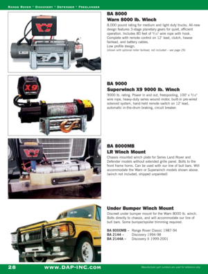 Page 30BA 8000 
Warn 8000 lb. Winch
8,000 pound rating for medium and light duty trucks. All-new
design features 3-stage planetary gears for quiet, efficient
operation. Includes 80 feet of 
5/16 wire rope with hook.
Complete with remote control on 12’ lead, clutch, hawse
fairlead, and battery cables.
Low profile design.
(shown with optional roller fairlead, not included – see page 29)
BA 9000 
Superwinch X9 9000 lb. Winch
9000 lb. rating. Power in and out, freespooling, 100’ x 5/16
wire rope, heavy-duty series...