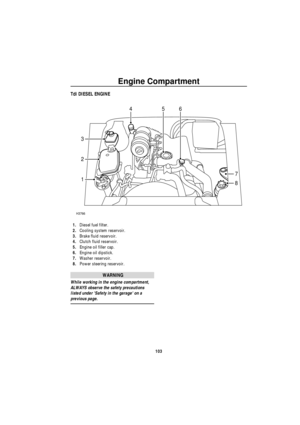 Page 104Engine Compartment
103
Tdi DIESEL ENGINE
1.Diesel fuel filter.
2.Cooling system reservoir.
3.Brake fluid reservoir.
4.Clutch fluid reservoir.
5.Engine oil filler cap.
6.Engine oil dipstick.
7.Washer reservoir.
8.Power steering reservoir. 
WARNING
While working in the engine compartment, 
ALWAYS observe the safety precautions 
listed under Safety in the garage on a 
previous page.
H3766
564
7
81
3
2 