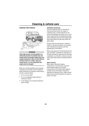 Page 121Cleaning & vehicle care
120
Cleaning  & vehicle careWASHING YOUR VEHICLE
WARNING
Some high pressure cleaning systems are 
sufficiently powerful to penetrate door and 
window seals and damage rubbing strips and 
locking mechanisms. Never aim the water jet 
directly at heater air intakes, body and 
sunroof seals, or at any components that 
might easily be damaged.
Wash your vehicle frequently using a sponge 
and generous quantities of cold or lukewarm 
water containing a car shampoo. Rinse and dry 
off...