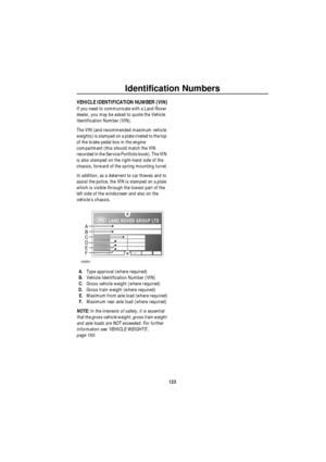 Page 124Identification Numbers
123
Id ent i fi ca ti o n Numb er sVEHICLE IDENTIFICATION NUMBER (VIN)
If you need to communicate with a Land Rover 
dealer, you may be asked to quote the Vehicle 
Identification Number (VIN).
The VIN (and recommended maximum vehicle 
weights) is stamped on a plate riveted to the top 
of the brake pedal box in the engine 
compartment (this should match the VIN 
recorded in the Service Portfolio book). The VIN 
is also stamped on the right-hand side of the 
chassis, forward of the...