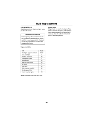 Page 146Bulb Replacement
145
Bulb ReplacementREPLACING BULBS
Check the operation of all exterior lights before 
you drive the vehicle.
Replacement bulbs
NOTE: All bulbs must be rated at 12 voltsHalogen bulbs
Halogen bulbs are used for headlights. Take 
care NOT to touch this type of bulb with your 
fingers; always use a cloth to handle them. If 
necessary, clean the bulb with methylated 
spirits to remove fingerprints.
IMPORTANT INFORMATION
Before replacing a bulb, always switch off 
the starter switch and...