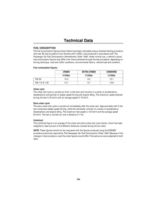 Page 164Technical Data
163
FUEL CONSUMPTION
The fuel consumption figures shown below have been calculated using a standard testing procedure 
(the new EC test procedure from Directive 93/116/EC), and produced in accordance with The 
Passenger Car Fuel Consumption (Amendment) Order 1996. Under normal use, a vehicles actual 
fuel consumption figures may differ from those achieved through the test procedure, depending on 
driving technique, road and traffic conditions, environmental factors, vehicle load and...