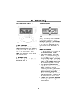 Page 49Air Conditioning
48
A ir Co nditioningAIR CONDITIONING CONTROLS*
1. On/off blower control
Rotate clockwise to the first position to turn on 
the air conditioning. Rotate further (positions II 
and III) to increase the flow of conditioned air 
from the four vents in the lower fascia.
NOTE: The air conditioning will only operate 
with the engine running.
2. Temperature control 
Rotate clockwise (positions I to III) to obtain 
progressively cooler air.Air conditioning vents
The four air conditioning vents...