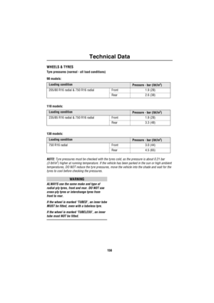 Page 157Technical Data
156
WHEELS & TYRES
Tyre pressures (normal - all load conditions)
90 models:
110 models:
130 models:
NOTE: Tyre pressures must be checked with the tyres cold, as the pressure is about 0.21 bar 
(3 lbf/in
2) higher at running temperature. If the vehicle has been parked in the sun or high ambient 
temperatures, DO NOT reduce the tyre pressures, move the vehicle into the shade and wait for the 
tyres to cool before checking the pressures.
WARNING
ALWAYS use the same make and type of...