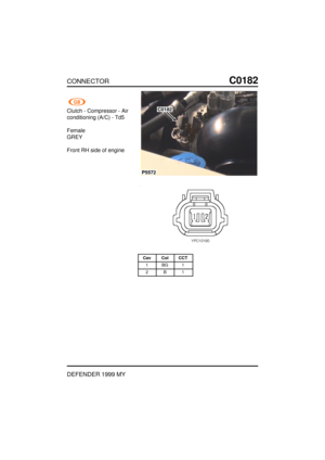 Page 139CONNECTORC0182
DEFENDER 1999 MY
Clutch - Compressor - Air
conditioning (A/C) - Td5
Female
GREY
Front RH side of engine
P5572
C0182
Cav Col CCT
1BG1
2B1 