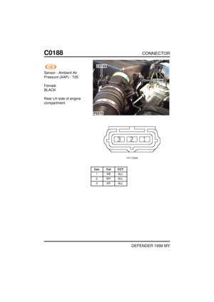 Page 146C0188CONNECTOR
DEFENDER 1999 MY
Sensor - Ambient Air
Pressure (AAP) - Td5
Female
BLACK
Rear LH side of engine
compartment
P5570
C0188
C0149
Cav Col CCT
1 KB ALL
2 WY ALL
3 KP ALL 