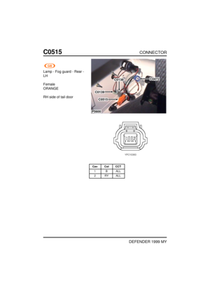 Page 208C0515CONNECTOR
DEFENDER 1999 MY
Lamp - Fog guard - Rear -
LH
Female
ORANGE
RH side of tail door
P5600
C0472
C0515
C0139
C0138
Cav Col CCT
1 B ALL
2 RY ALL 