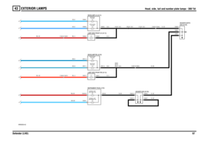 Page 68EXTERIOR LAMPS 
Head, side, tail and number plate lamps - 300 Tdi
Defender (LHD)67
43
Head, side, tail and number plate lamps - 300 Tdi
VWR000330-A-02G
DE B F K
55 WATTLH (Y136) DIPPED BEAM-55 WATTLH (Y135) MAIN BEAM-55 WATTRH (Y132) MAIN BEAM-55 WATTRH (Y133) DIPPED BEAM-5 WATT
J
5 WATT1.2 WATTSIDE LAMP (J125)WARNING LAMP-1.2 WATTMAIN BEAM (J126)WARNING LAMP-
A
C0293-7C0550-1
C0293-2C0550-7 C0550-6
C1267-3 C1266-3C1265-3 C1264-3
C1264-5 C1265-5C0009-3 C0009-1
C0009-2
C0011-3 C0011-2
C0011-1C0538-1...