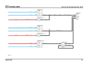 Page 61EXTERIOR LAMPS 
Head, side, tail and number plate lamps - 300 Tdi
Defender (RHD)60
43
Head, side, tail and number plate lamps - 300 Tdi
VWR000320-A-03G
DE B F K
55 WATTLH (Y136) DIPPED BEAM-55 WATTLH (Y135) MAIN BEAM-55 WATTRH (Y132) MAIN BEAM-55 WATTRH (Y133) DIPPED BEAM-5 WATT
J
5 WATT1.2 WATTSIDE LAMP (J125)WARNING LAMP-1.2 WATTMAIN BEAM (J126)WARNING LAMP-
A
C0289-7C0550-1
C0289-2C0550-7 C0550-6
C1267-3 C1266-3C1265-3 C1264-3
C1264-5 C1265-5C0009-3 C0009-1
C0009-2
C0011-3 C0011-2
C0011-1C0538-1...