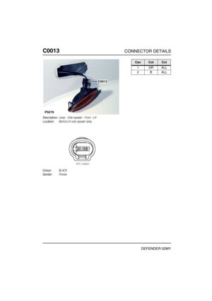 Page 109C0013CONNECTOR DETAILS
DEFENDER 02MY
C001 3
Description:Lamp - Side repeater - Front - LH
Location:Behind LH side repeater lamp
Colour:BLACK
Gender:Female
P5579
C0013
CavColCct
1GRALL
2BALL 