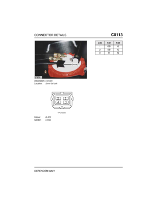 Page 148CONNECTOR DETAILSC0113
DEFENDER 02MY
C0 113
Description:Fuel tank
Location:Above fuel tank
Colour:BLACK
Gender:Female
P5781
C0113
CavColCct
1GB12
2SB12
3B12 